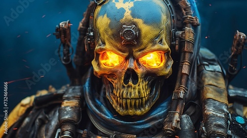 AI generated illustration of a human-shaped blue skull with ornate golden accents