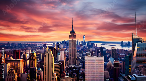 The Majestic Empire State Building - A Dominant Beacon in New York City Skyline Against a Vibrant Sunset © James