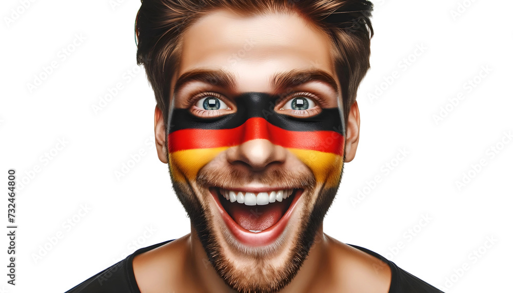 man soccer fun portrait with painted face of german national flag isolated on transparent background - obrazy, fototapety, plakaty 