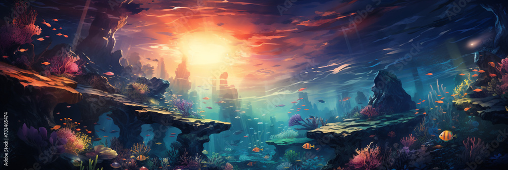 Fantasy underwater landscape. Wide horizontal beautiful panorama. Deep blue ocean place. Marine life, nature, world. Banner, harder, poster, invitation, email. Digital painting. Generative Ai content
