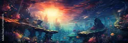 Fantasy underwater landscape. Wide horizontal beautiful panorama. Deep blue ocean place. Marine life, nature, world. Banner, harder, poster, invitation, email. Digital painting. Generative Ai content © Evgeniy