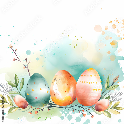Easter watercolor greeting template with colorful easter eggs and flowers  white background