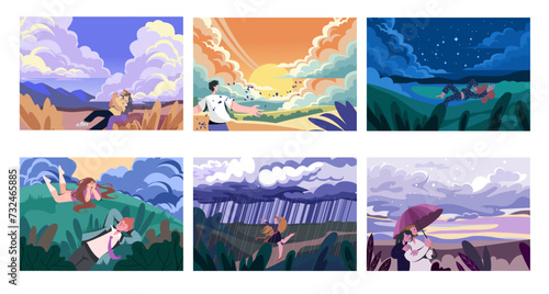 People looking at sky. Nature landscape. Couple admire at summer night stars and clouds. Woman dreaming on meadow. Mental health. Man back view. Scenic sunset or evening rain. Vector illustrations set