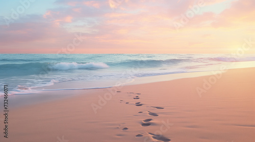 해질녘 해변의 여유로운 산책, 모래 위에 남겨진 발자국