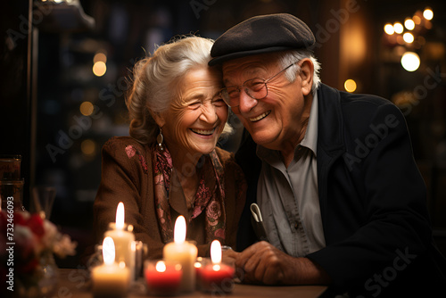 A senior couple embraces affectionately over a candlelit dinner