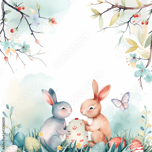 Easter watercolor greeting template with cute easter bunny, colorful easter eggs and flowers, white background