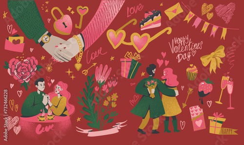 Happy Valentines Day. Love spring. Friends meeting. Man and woman dating. Flower bouquet. Cute couple in cafe. Modern relation romance. Romantic relationship. Holiday gift. Hand drawn art vector set