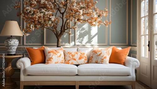 French Country Charm: Contemporary Living Room with Fabric Sofa and Terra Cotta Pillows