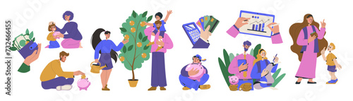 Kids money. Family house finance. Financial management goal. Poverty people savings. Investment success. Gold tree. Piggy blank. Wealth coins. Parent teaching children to invest. Vector concepts set