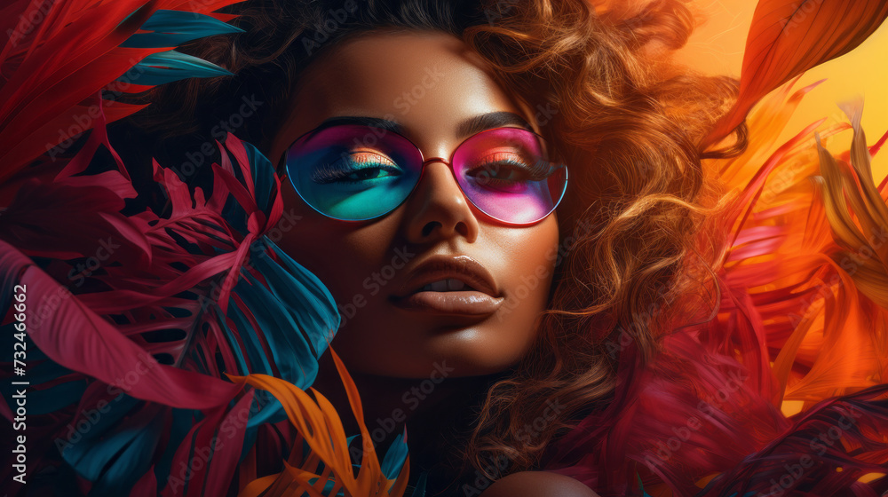 Gorgeous and sensual dark skin woman with brown hair with colorful flowers as background. Fashion girl with stylish sunglasses with colorful glass looking to the camera. Colorful colors concept. Gorgeous and sensual dark skin woman with brown hair with colorful flowers as background. Fashion girl with stylish sunglasses with colorful glass looking to the camera. Colorful colors concept.