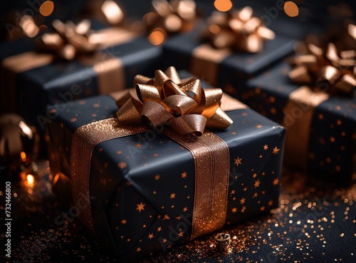 Golden Gift Wrapped in a Black Star-Studded Bow Generative AI