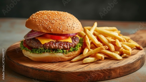 Front view yummy meat cheeseburger with french fries on cutting board light surface  realistic  HD  copy space - generative ai