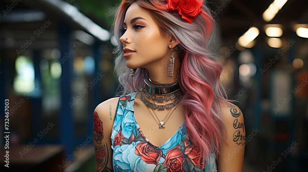 Fashionable young woman with pink hair, individual style emphasized by bright colors and unique tattoo patterns.
Concept of self-expression and individuality, youth audience and subculture.