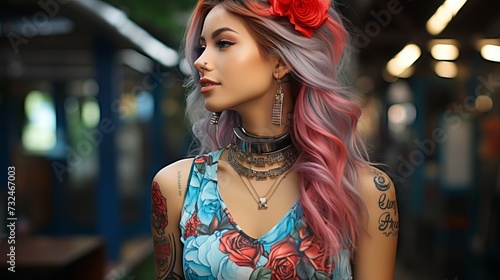 Fashionable young woman with pink hair, individual style emphasized by bright colors and unique tattoo patterns. Concept of self-expression and individuality, youth audience and subculture.