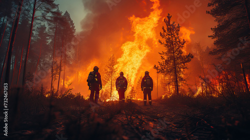 Three firefighters at a wildfire, forest fire, burning in a forest in the mountains. Global warming and climate change concept shot © Goodwave Studio