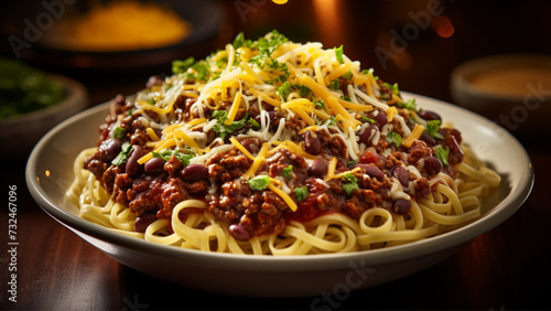 A bowl of Cincinnati chili with spaghetti and a mound of shredded cheese on top. 