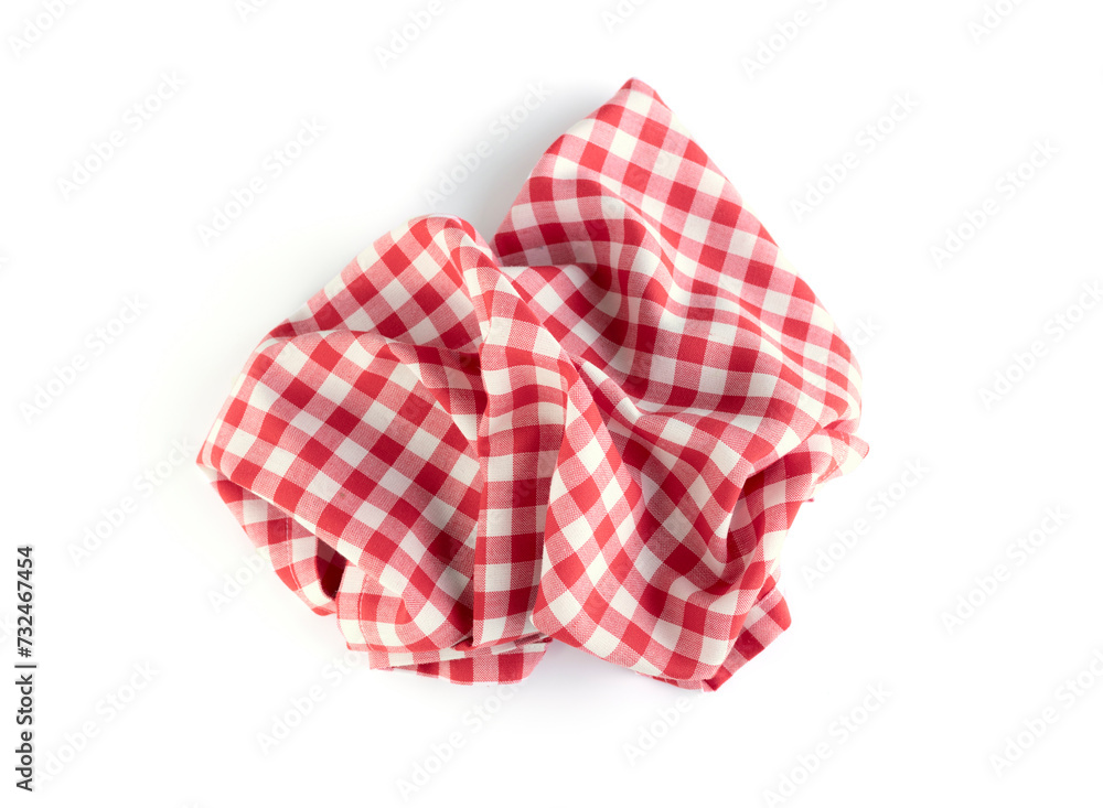 Red checkered crumpled tablecloth, gingham napkin. Picnic cloth,kitchen towel.Household element. Red checkered crumpled tablecloth, gingham napkin. Picnic cloth,kitchen towel.Household element.