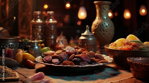 Journey through the textures and colors of traditional Arabic food, specifically showcasing the importance of dates and almonds during the month of Ramadan.
