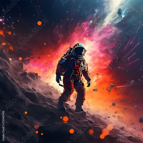 Spaceman and planet, human in space concept