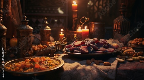 Journey through the textures and colors of traditional Arabic food, specifically showcasing the importance of dates and almonds during the month of Ramadan.