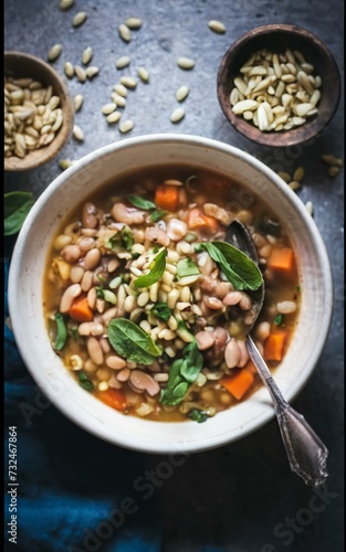 a plate of winter Tuscan bean soup with whole grains. traditional italian cuisine