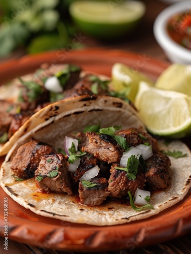 An up-close, vibrant shot of a taco with perfectly grilled meat, fresh cilantro, and diced onions, with a side of lime wedges and salsa, on a traditional clay plate.