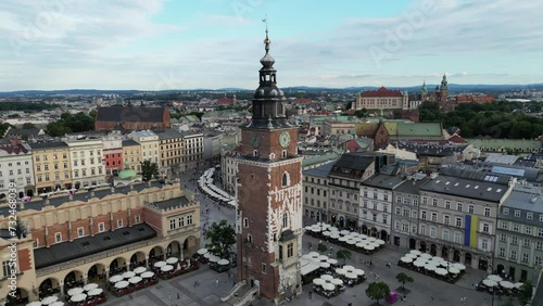 Drone view over the Town Hall Tower in Krakow, Poland photo