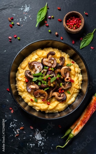 Asian style corn polenta with mushrooms with hot peppers and soy sauce on a dark background. vegan cuisine
