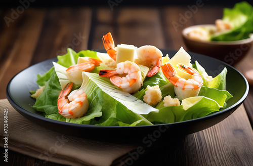 Appetizing Caesar salad with shrimp close-up. Menu of a restaurant, cafe, bar. Healthy and balanced diet. Delicious recipe