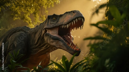 AI generated illustration of a fierce looking Tyrannosaurus dinosaur in a lush jungle setting