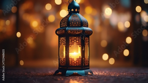 Radiant bokeh lights twinkle around a majestic Arabic lantern, creating a magical ambiance fit for Ramadan celebrations.