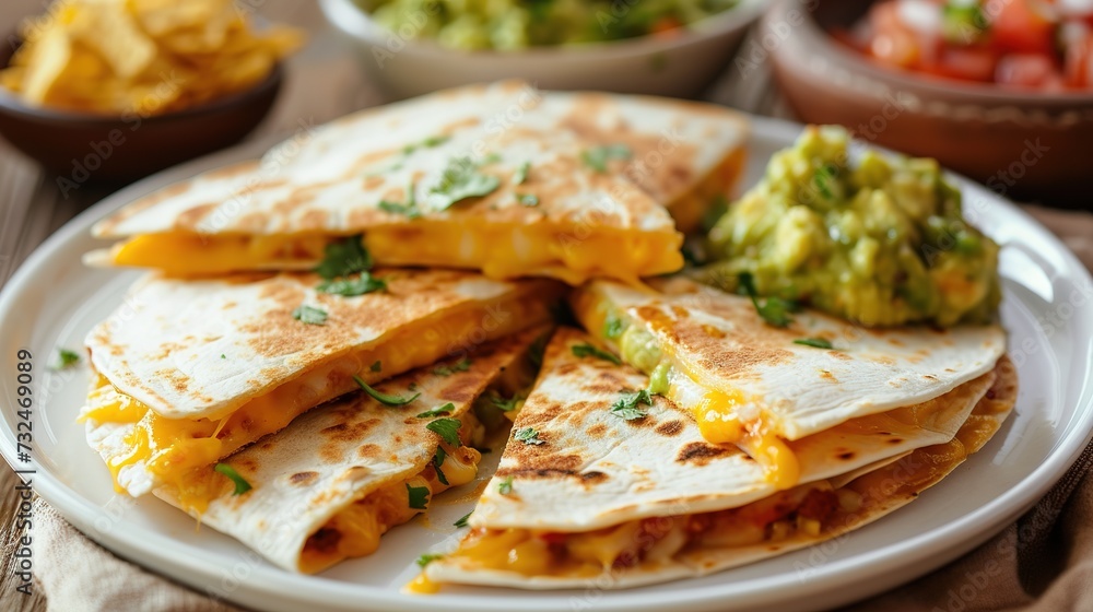A close-up shot of a plate of quesadillas, oozing with cheese and accompanied by guacamole and salsa, on a wooden table, emphasizing the textures and appeal of comfort food.