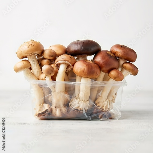 different types of fresh mushrooms in plastic packaging isolated on white table