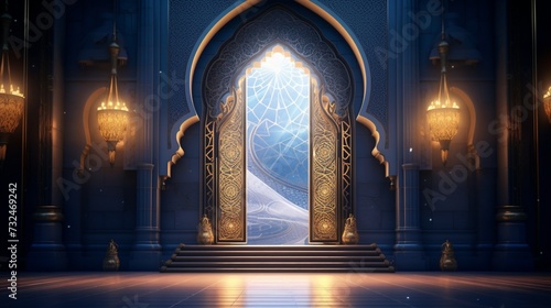 Ramadan greetings against an open mosque door  symbolizing unity and spirituality.