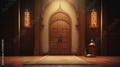 Ramadan greetings against an open mosque door, symbolizing unity and spirituality.