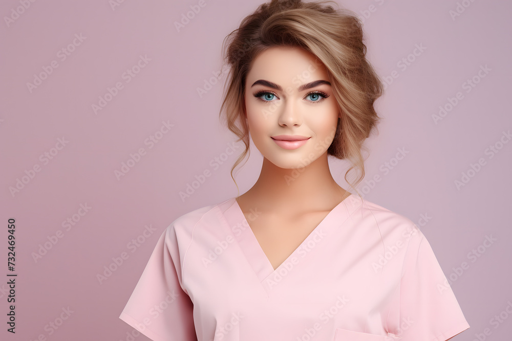 Pretty young blond beauty clinic medical staff woman in scrubs in front of pink background Pretty young blond beauty clinic medical staff woman in scrubs in front of pink background