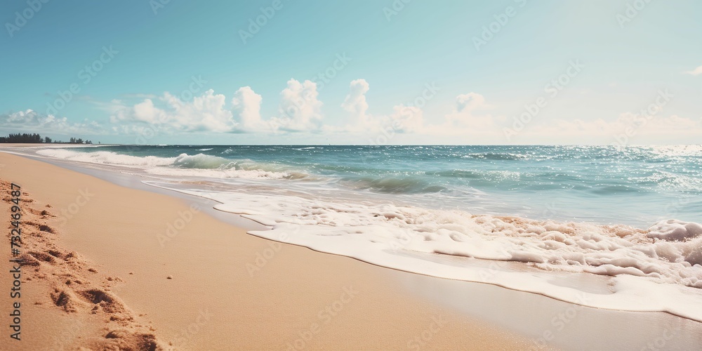 Tranquil beach scene with footprints in the sand, leading to the clear blue water. AI-generated.