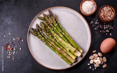 fresh asparagus with eggs and cheese on the table with ingredients. spring season recipes