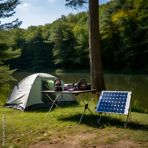 Tent at a campsite with a solar panel 