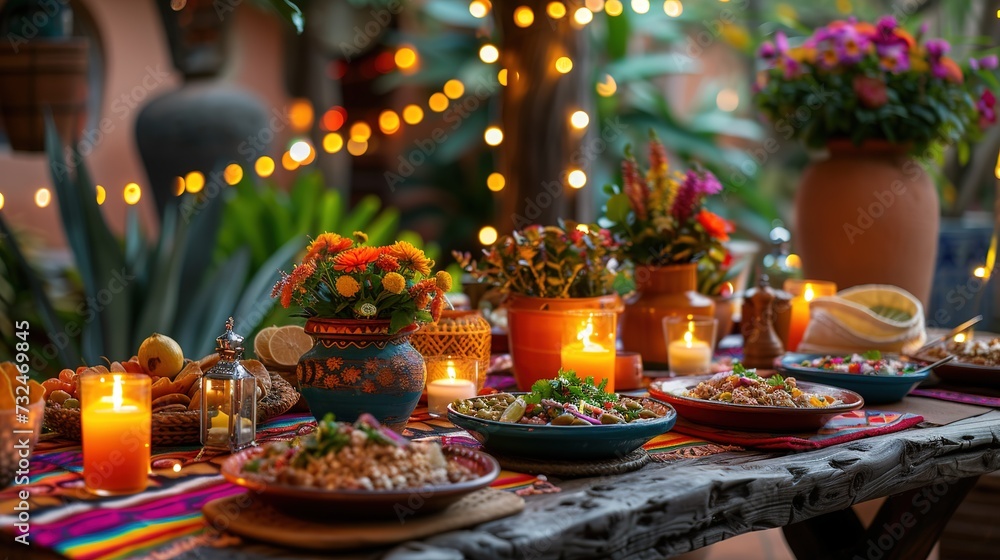 An inviting table arrangement for a festive feast, highlighting Mexican specialties like pozole and tamales, under the sparkle of twinkling lights, for a vibrant celebration.