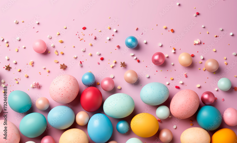 Holiday Easter background of colorful pastel Easter eggs and bunny ears on pink table top view Holiday Easter background of colorful pastel Easter eggs and bunny ears on pink table top view