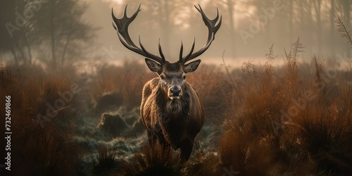 AI-generated illustration of a majestic deer in a forest covered in fog © Wirestock