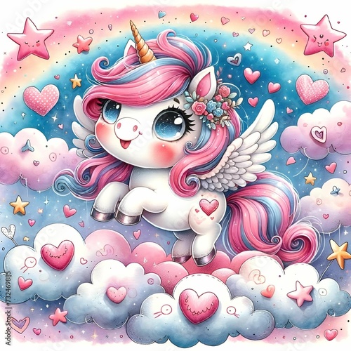 Enchanted Unicorn in a Pastel Dreamscape with Hearts and Stars