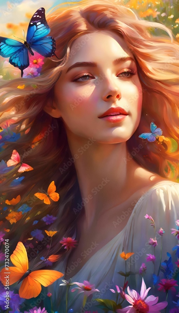 woman surrounded by flowers and butterflies with a butterfly in her hair