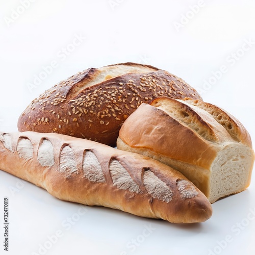 fresh white bread baguette and bun isolated on a white background with seeds