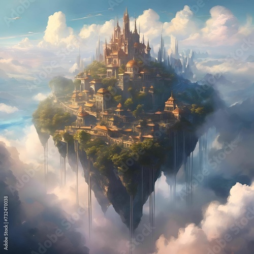 a floating castle surrounded by clouds on top of a mountain © Wirestock