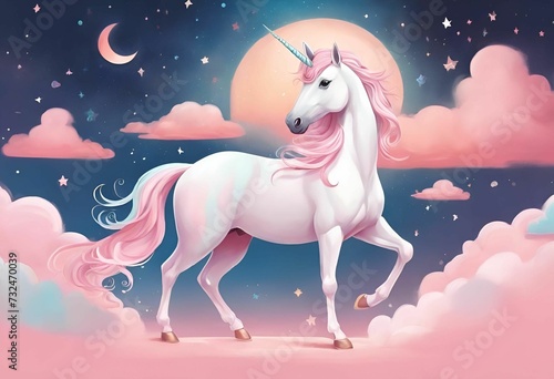 a unicorn stands in the clouds with stars on it s back