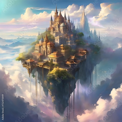 Tableau sur toile a castle is rising from the clouds over a city in the middle of it