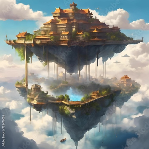 a floating island sits in the clouds with several buildings on it