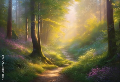 sun beams shine through the trees in this forest scene painting